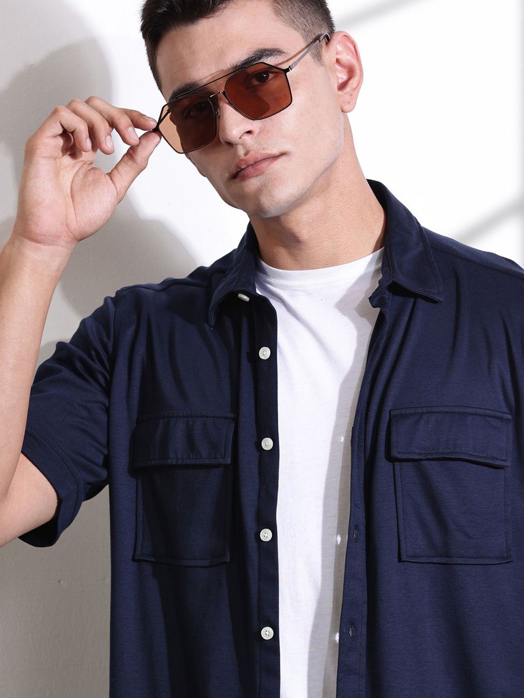 Navy Slim Fit Solid Casual Shirt For Men