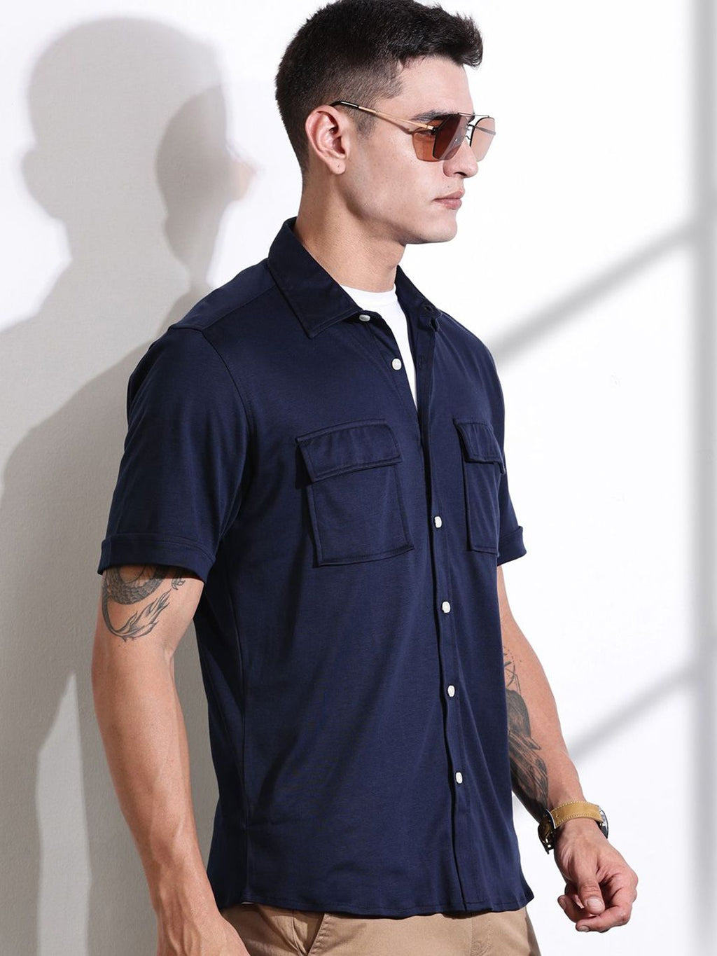 Navy Slim Fit Solid Casual Shirt For Men