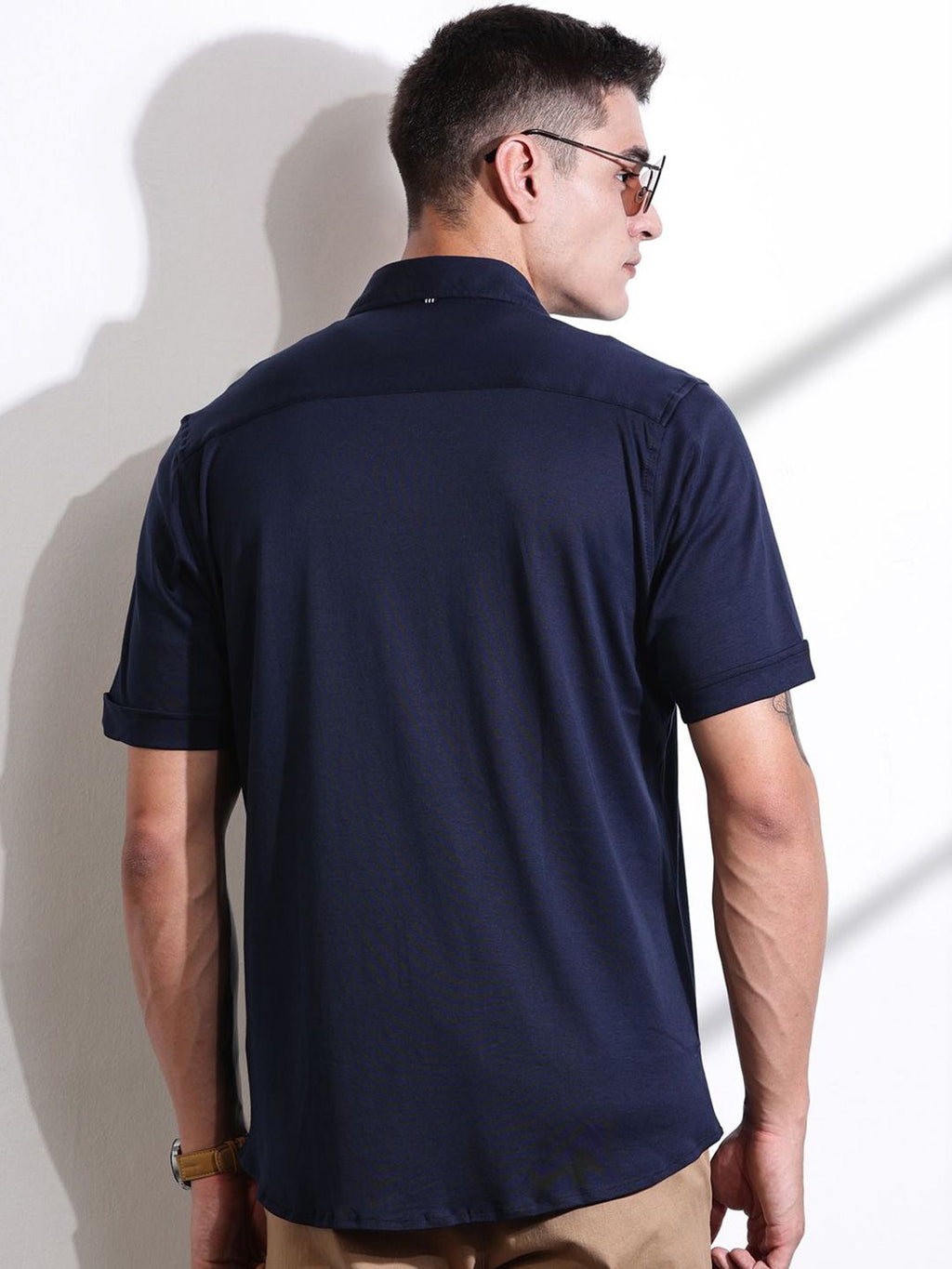 Navy Slim Fit Solid Casual Shirt For Men