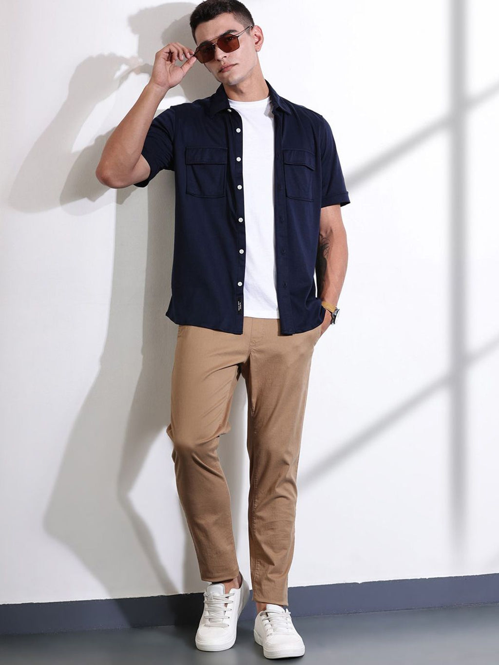 Navy Slim Fit Solid Casual Shirt For Men