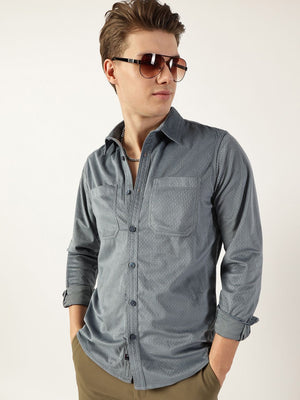 Grey Classic Spread Collar Textured Solid Slim Fit Casual Shirt For Men
