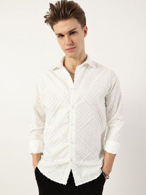 White Premium Long Sleeves Slim Fit Spread Collar Textured Casual Shirt For Men