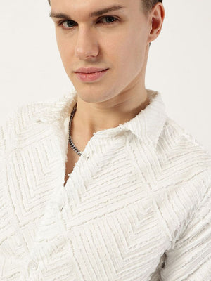 White Premium Long Sleeves Slim Fit Spread Collar Textured Casual Shirt For Men