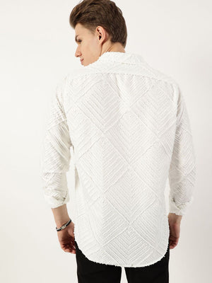 White Premium Long Sleeves Slim Fit Spread Collar Textured Casual Shirt For Men