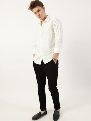 White Premium Long Sleeves Slim Fit Spread Collar Textured Casual Shirt For Men