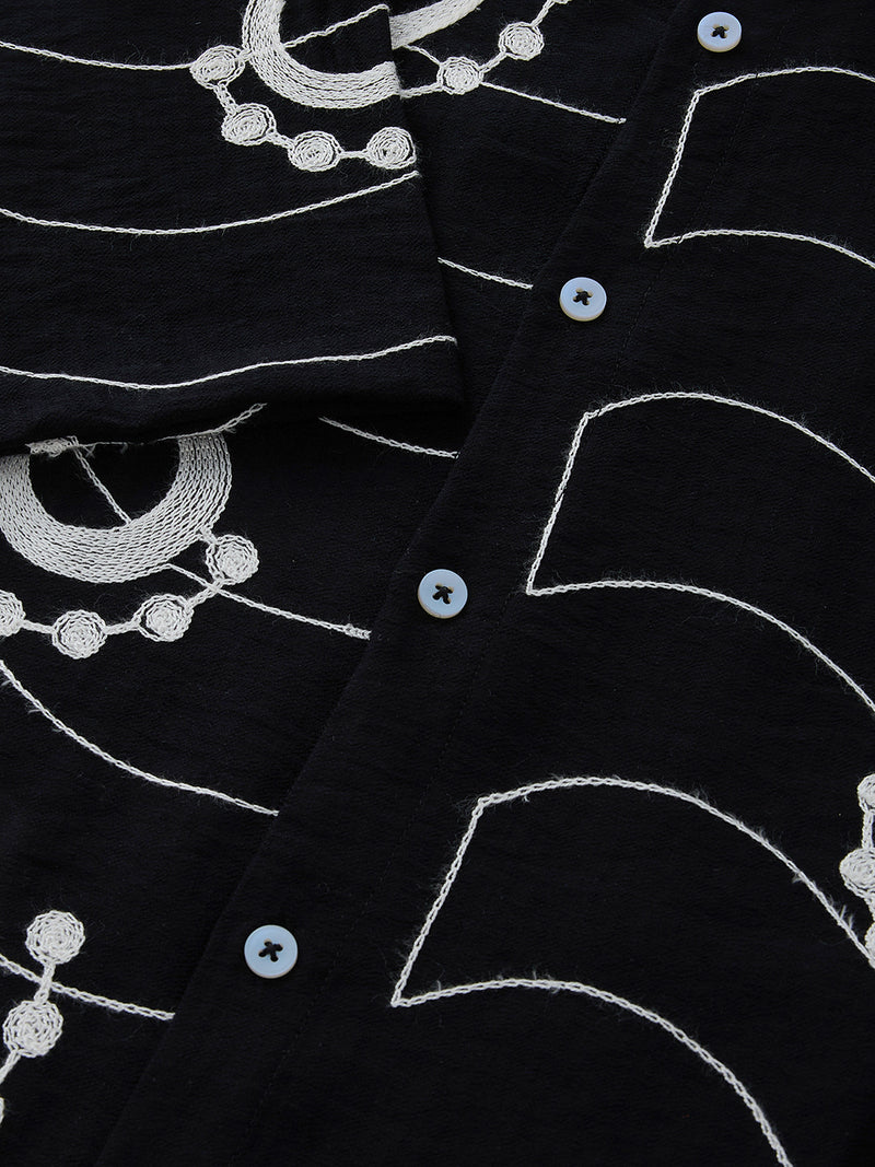 Thomas Scott Men Black Short Sleeves Spread Collar Regular Fit Embroidered Shirt