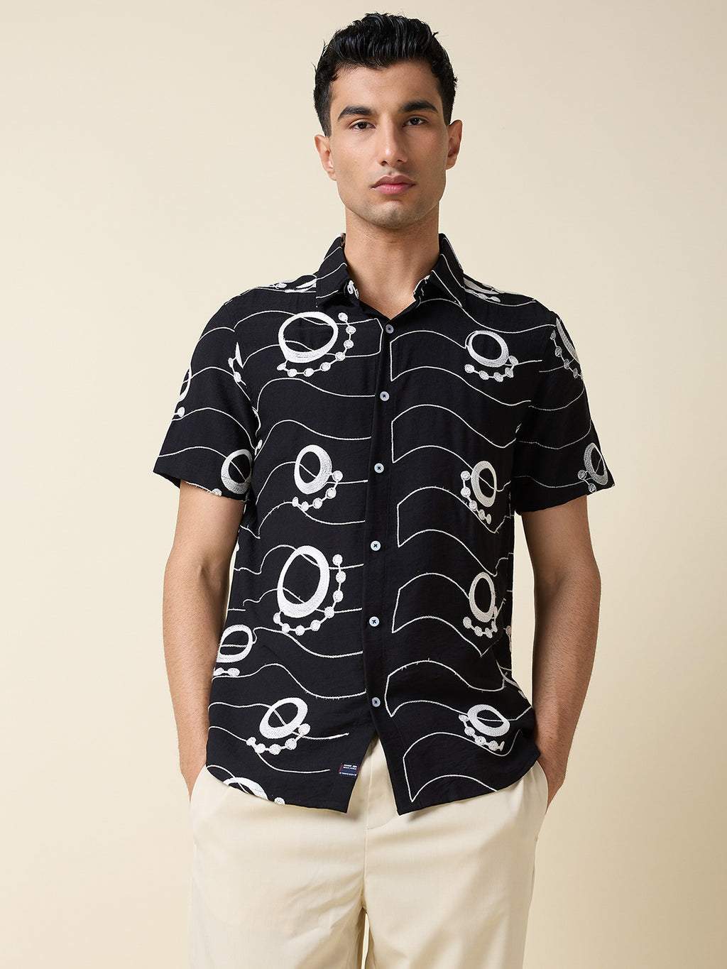 Thomas Scott Men Black Short Sleeves Spread Collar Regular Fit Embroidered Shirt