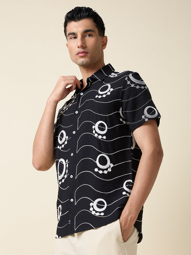 Thomas Scott Men Black Short Sleeves Spread Collar Regular Fit Embroidered Shirt