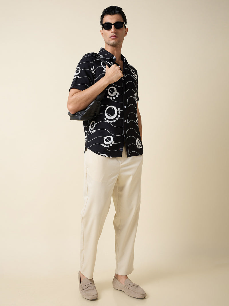Thomas Scott Men Black Short Sleeves Spread Collar Regular Fit Embroidered Shirt