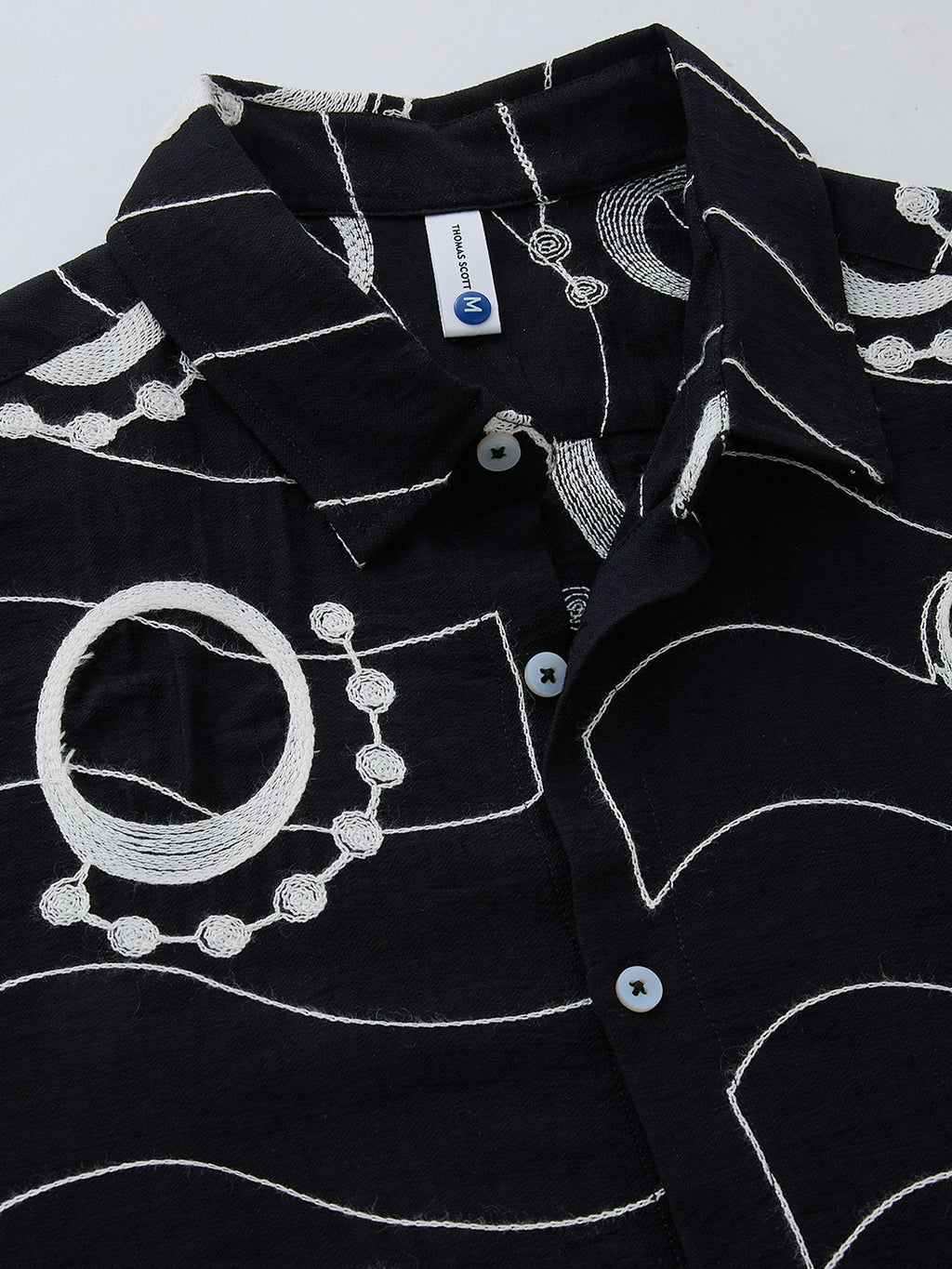 Thomas Scott Men Black Short Sleeves Spread Collar Regular Fit Embroidered Shirt