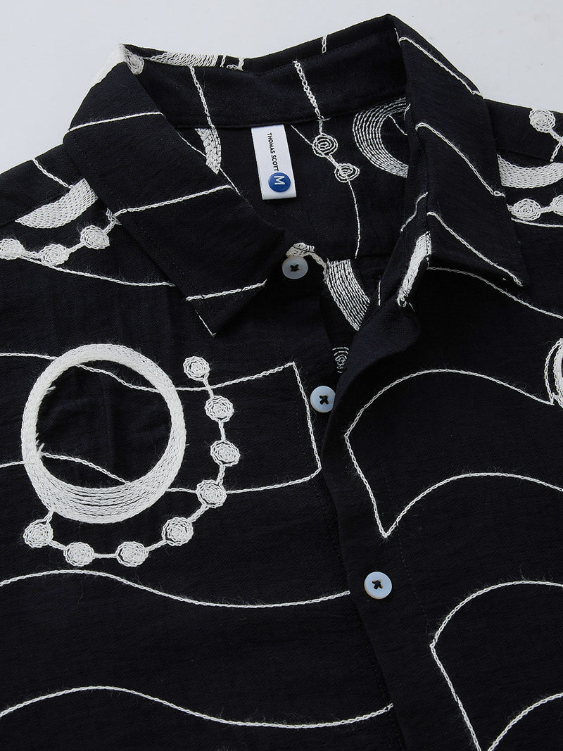 Thomas Scott Men Black Short Sleeves Spread Collar Regular Fit Embroidered Shirt