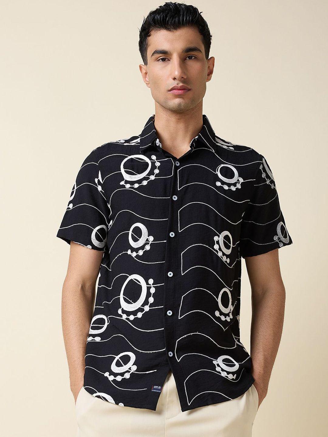 Black Short Sleeves Spread Collar Regular Fit Embroidered Shirt For Men