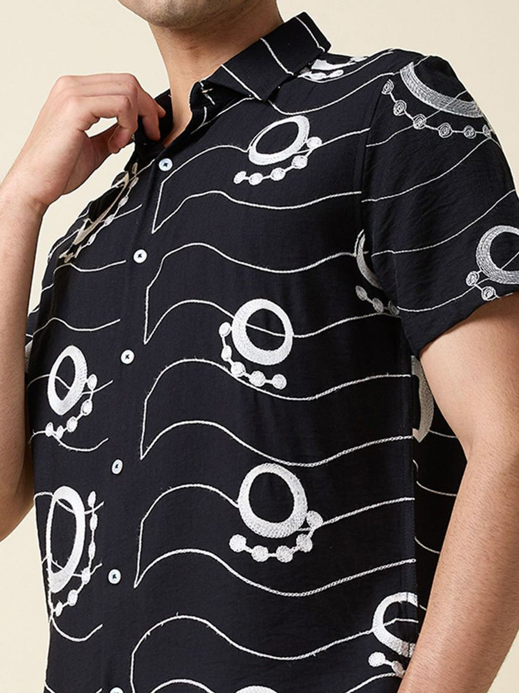 Black Short Sleeves Spread Collar Regular Fit Embroidered Shirt For Men