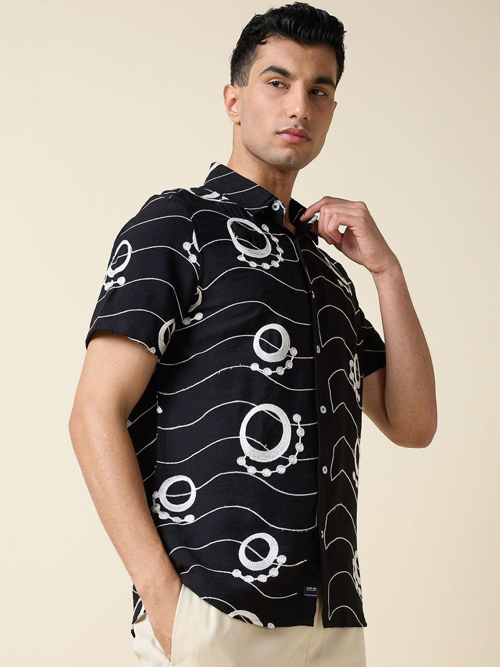 Black Short Sleeves Spread Collar Regular Fit Embroidered Shirt For Men