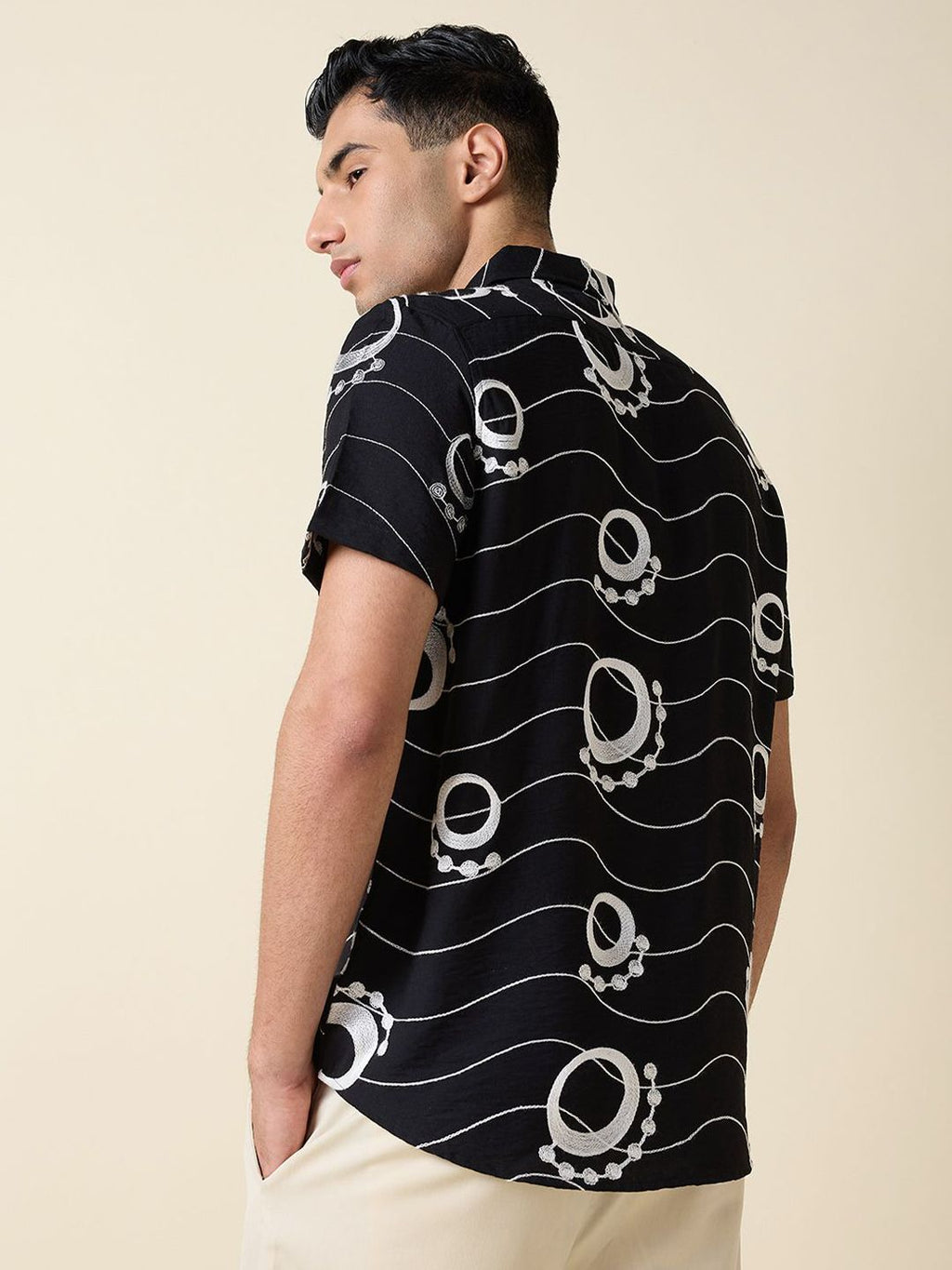 Black Short Sleeves Spread Collar Regular Fit Embroidered Shirt For Men