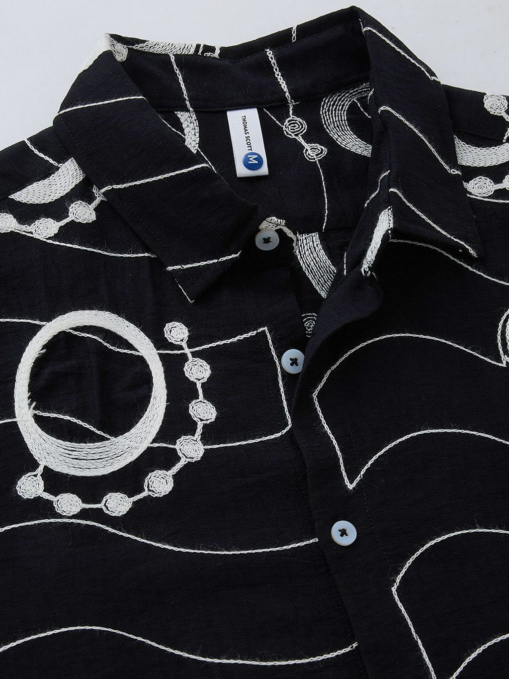Black Short Sleeves Spread Collar Regular Fit Embroidered Shirt For Men