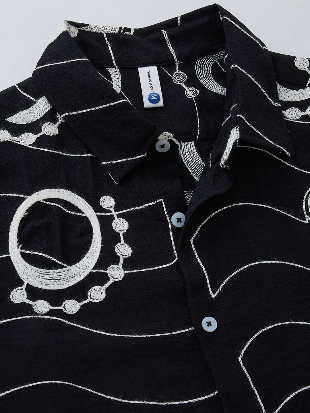 Black Short Sleeves Spread Collar Regular Fit Embroidered Shirt For Men
