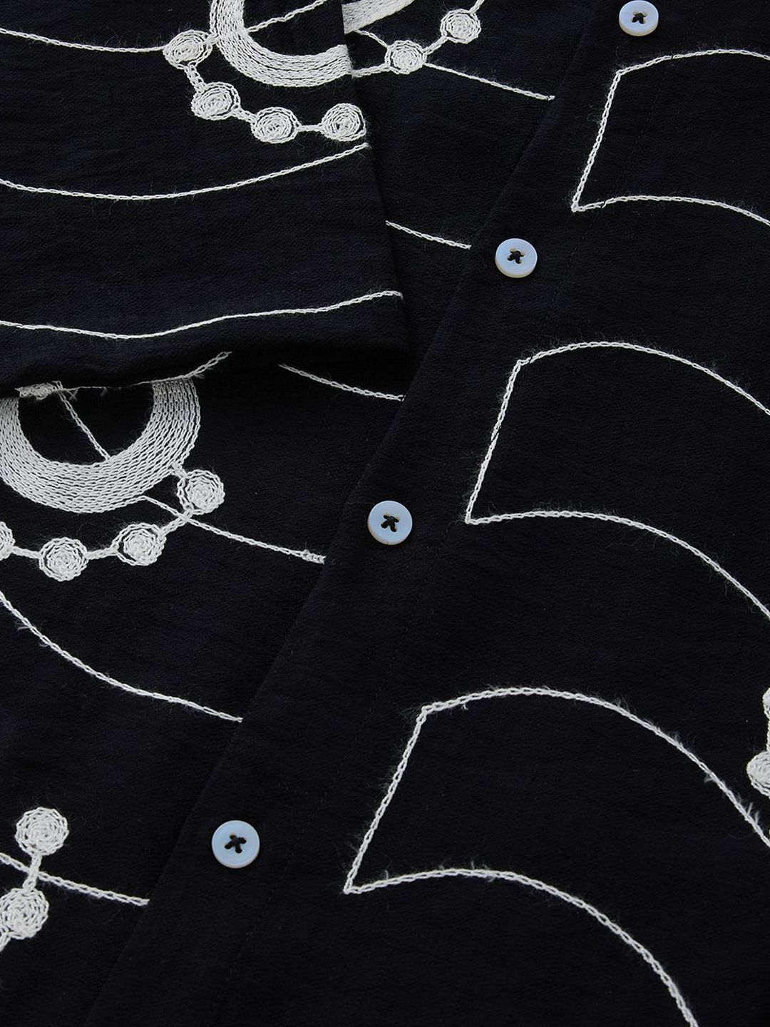 Black Short Sleeves Spread Collar Regular Fit Embroidered Shirt For Men
