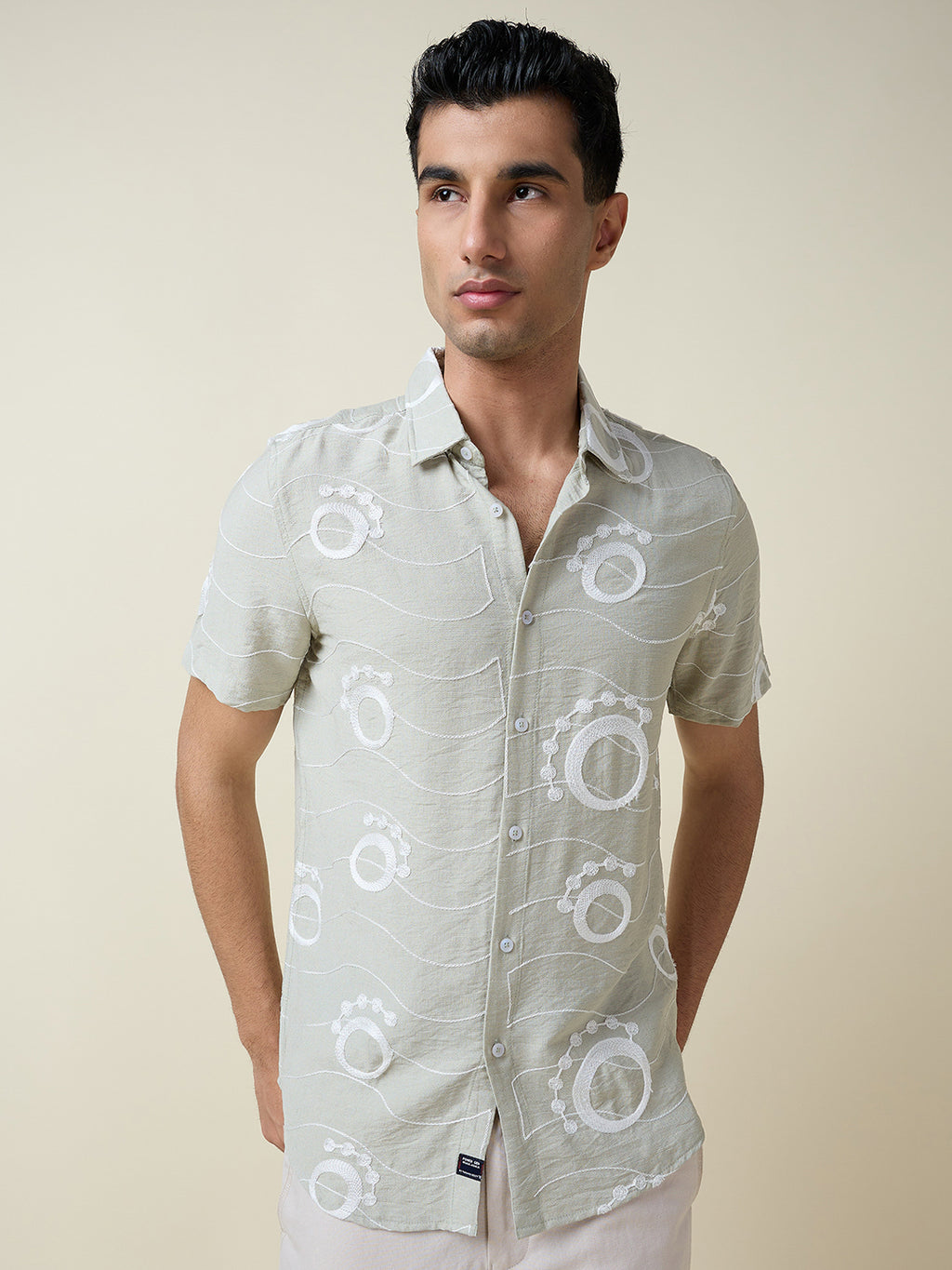 Thomas Scott Men Green Short Sleeves Spread Collar Slim Fit Embroidered Shirt