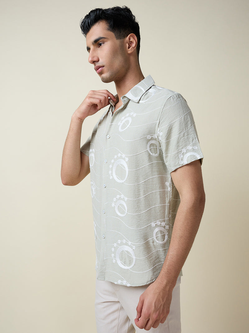 Thomas Scott Men Green Short Sleeves Spread Collar Slim Fit Embroidered Shirt