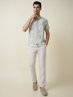 Thomas Scott Men Green Short Sleeves Spread Collar Slim Fit Embroidered Shirt