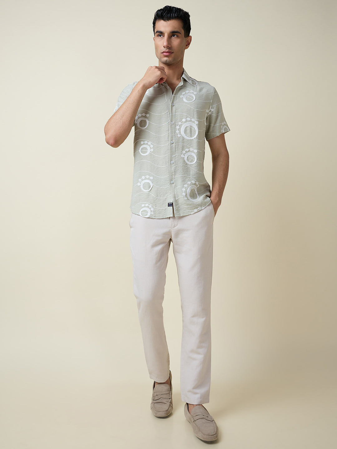 Thomas Scott Men Green Short Sleeves Spread Collar Slim Fit Embroidered Shirt
