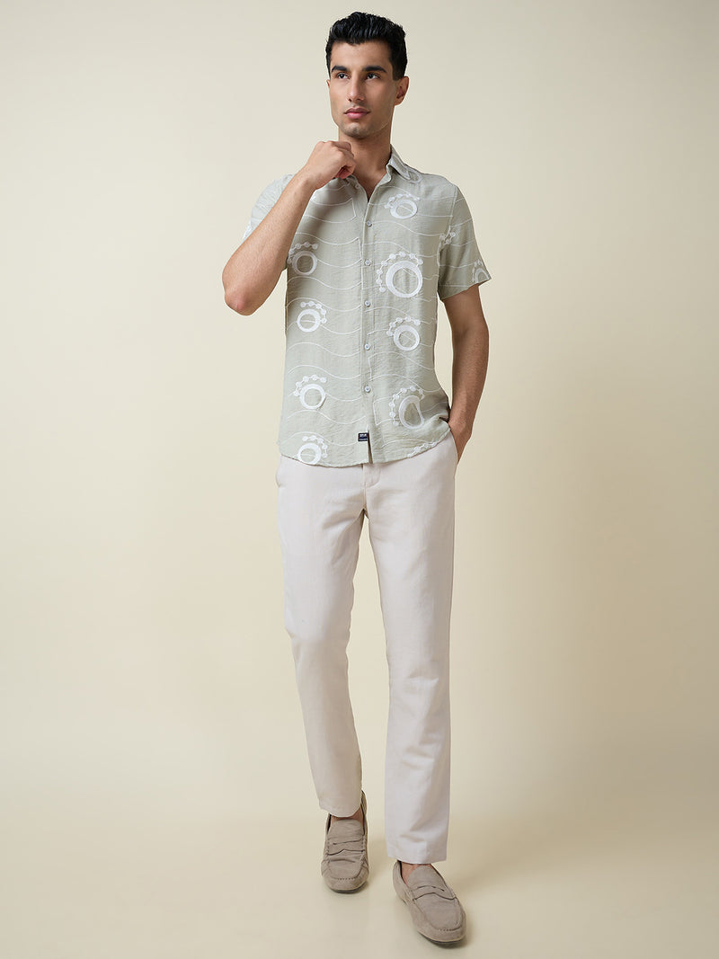 Thomas Scott Men Green Short Sleeves Spread Collar Slim Fit Embroidered Shirt