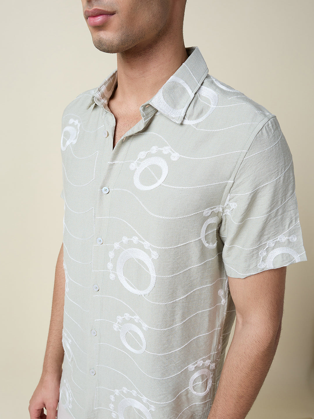 Thomas Scott Men Green Short Sleeves Spread Collar Slim Fit Embroidered Shirt