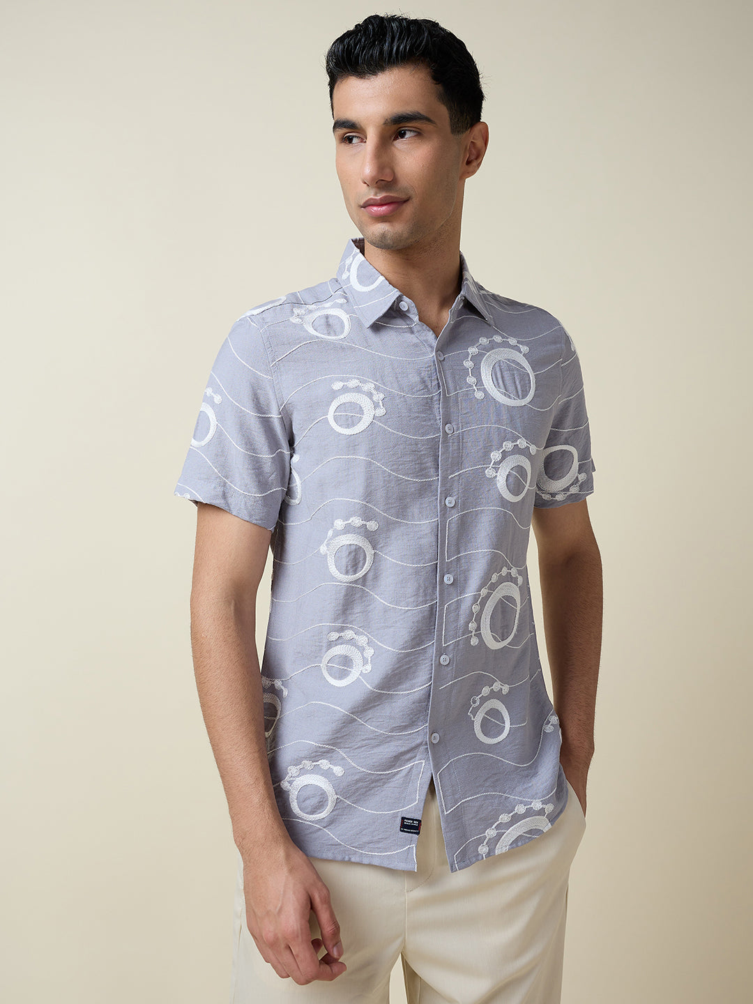 Thomas Scott Men Grey Short Sleeves Spread Collar Slim Fit Embroidered Shirt