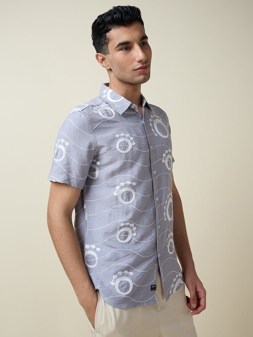 Thomas Scott Men Grey Short Sleeves Spread Collar Slim Fit Embroidered Shirt