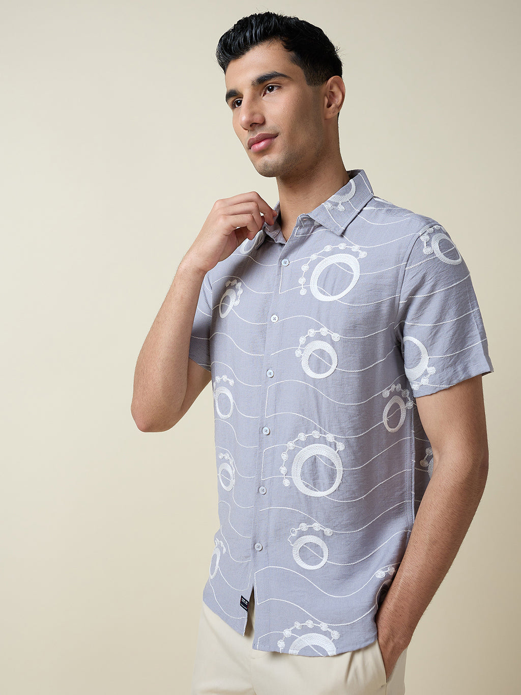 Thomas Scott Men Grey Short Sleeves Spread Collar Slim Fit Embroidered Shirt