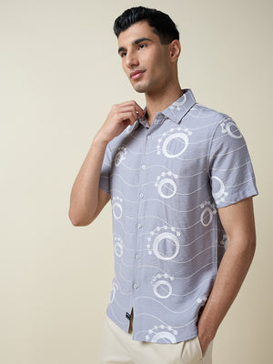 Thomas Scott Men Grey Short Sleeves Spread Collar Slim Fit Embroidered Shirt