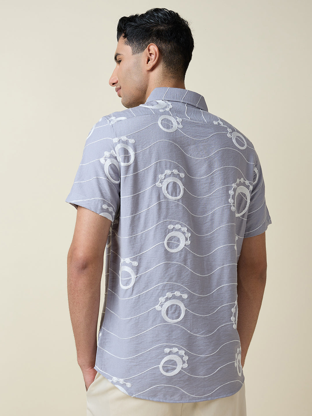 Thomas Scott Men Grey Short Sleeves Spread Collar Slim Fit Embroidered Shirt