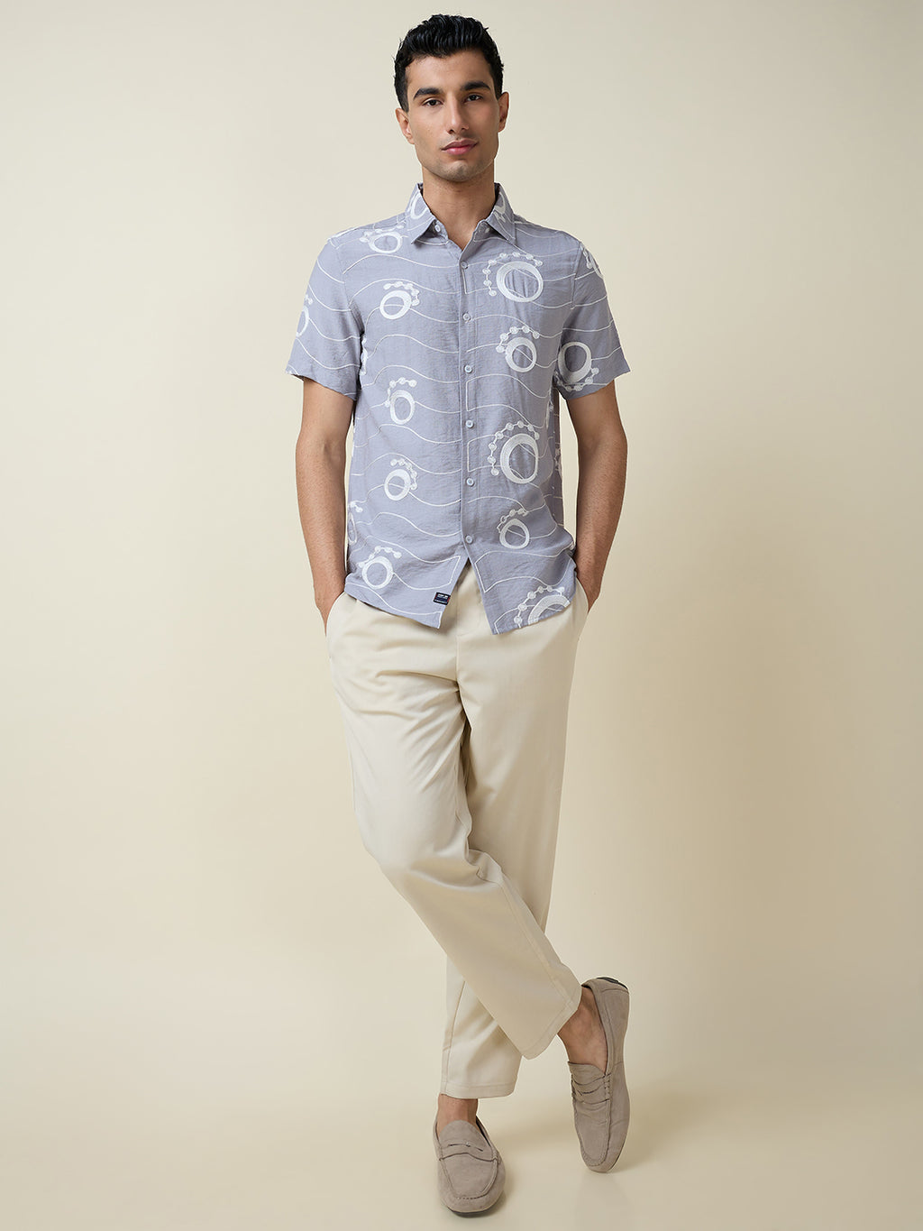 Thomas Scott Men Grey Short Sleeves Spread Collar Slim Fit Embroidered Shirt