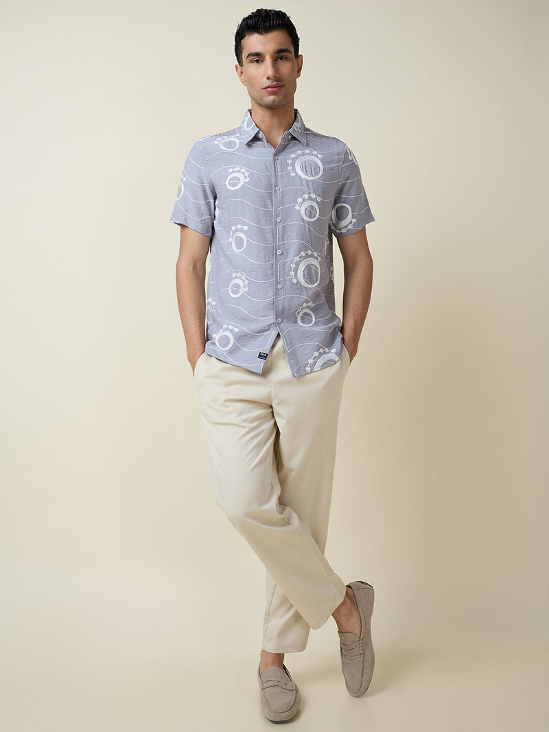 Thomas Scott Men Grey Short Sleeves Spread Collar Slim Fit Embroidered Shirt
