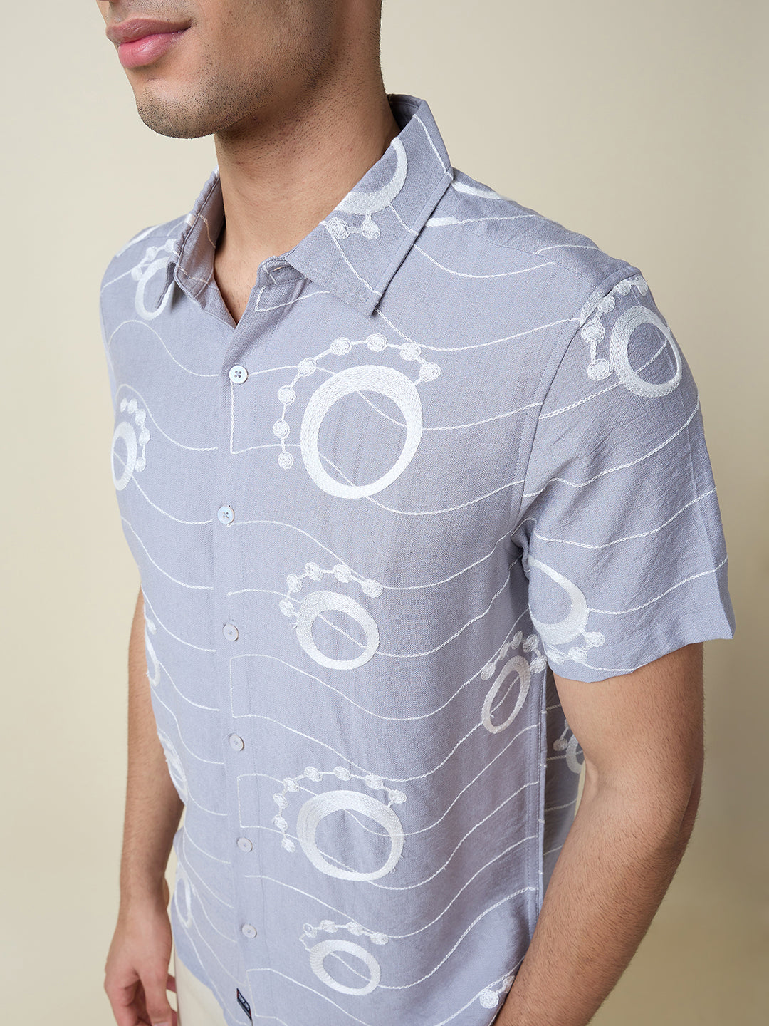 Thomas Scott Men Grey Short Sleeves Spread Collar Slim Fit Embroidered Shirt