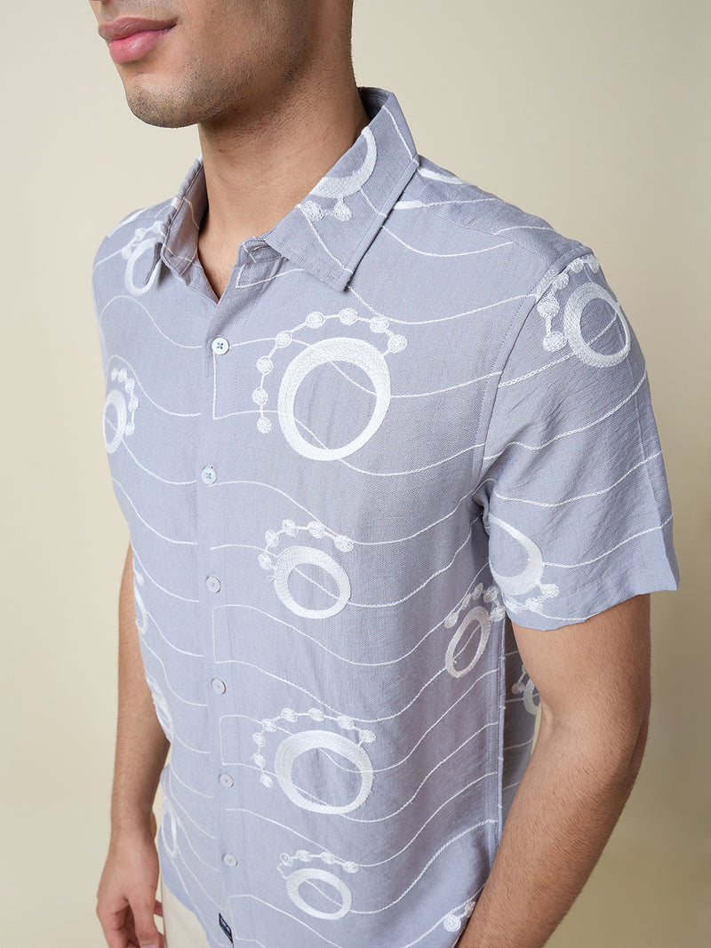 Thomas Scott Men Grey Short Sleeves Spread Collar Slim Fit Embroidered Shirt