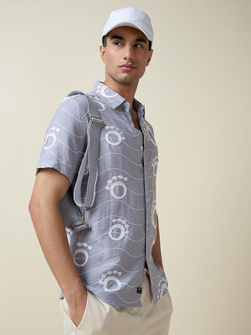 Thomas Scott Men Grey Short Sleeves Spread Collar Slim Fit Embroidered Shirt