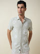Green Short Sleeves Spread Collar Slim Fit Embroidered Shirt For Men