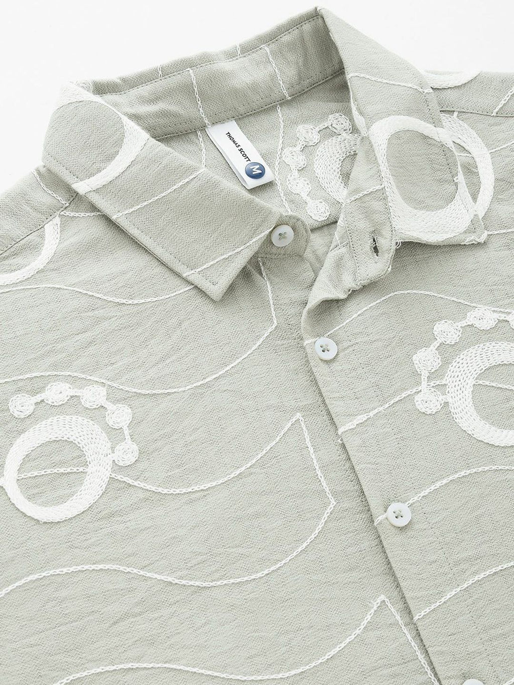 Green Short Sleeves Spread Collar Slim Fit Embroidered Shirt For Men