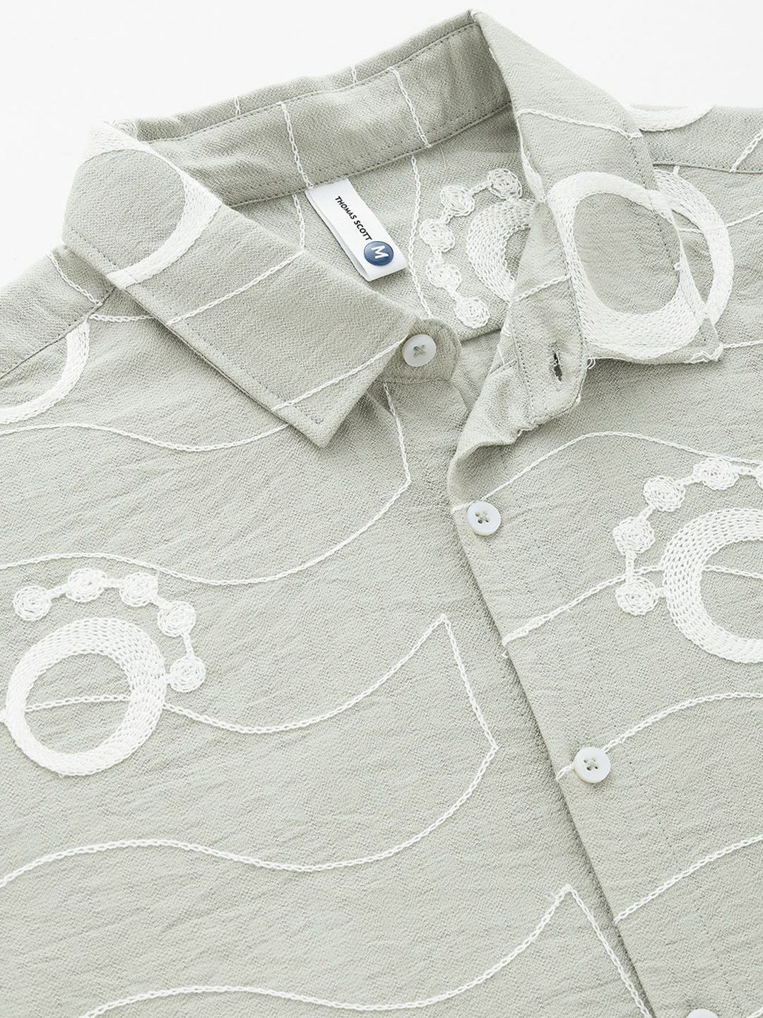 Green Short Sleeves Spread Collar Slim Fit Embroidered Shirt For Men