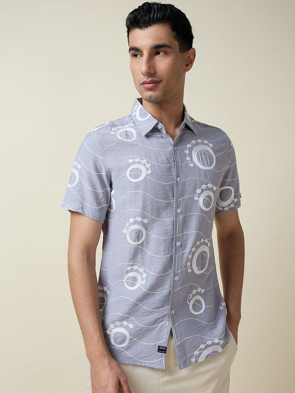 Grey Short Sleeves Spread Collar Slim Fit Embroidered Shirt For Men