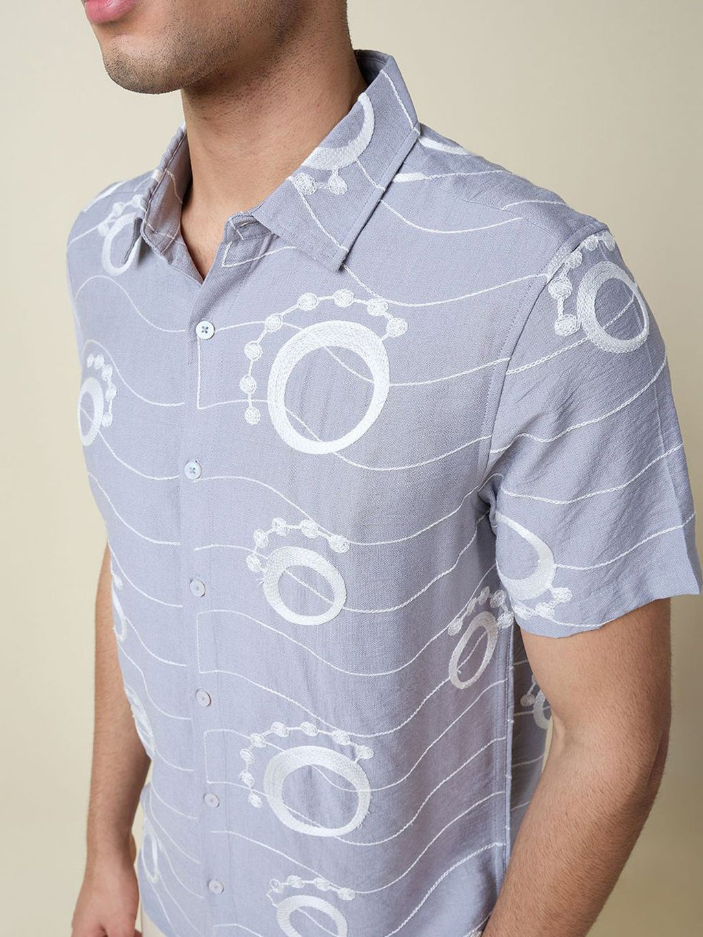 Grey Short Sleeves Spread Collar Slim Fit Embroidered Shirt For Men