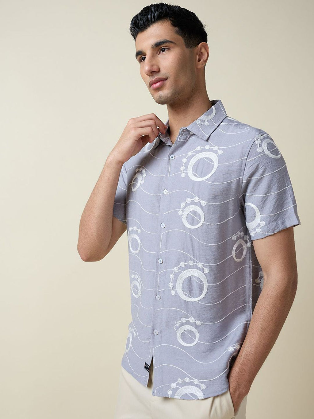 Grey Short Sleeves Spread Collar Slim Fit Embroidered Shirt For Men