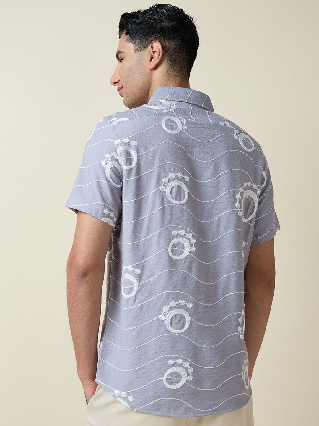 Grey Short Sleeves Spread Collar Slim Fit Embroidered Shirt For Men