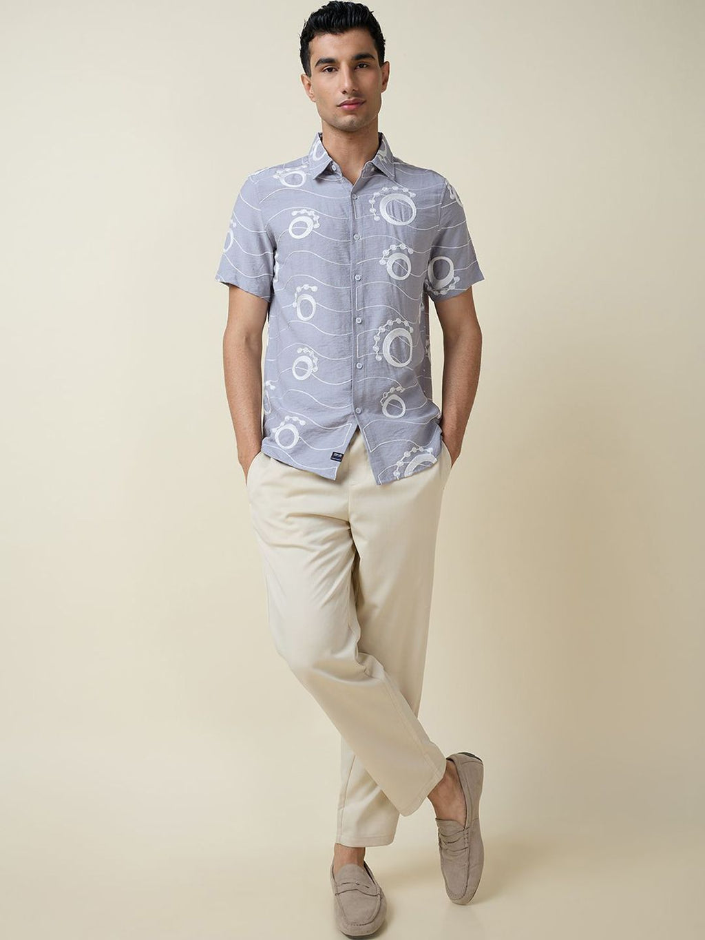 Grey Short Sleeves Spread Collar Slim Fit Embroidered Shirt For Men