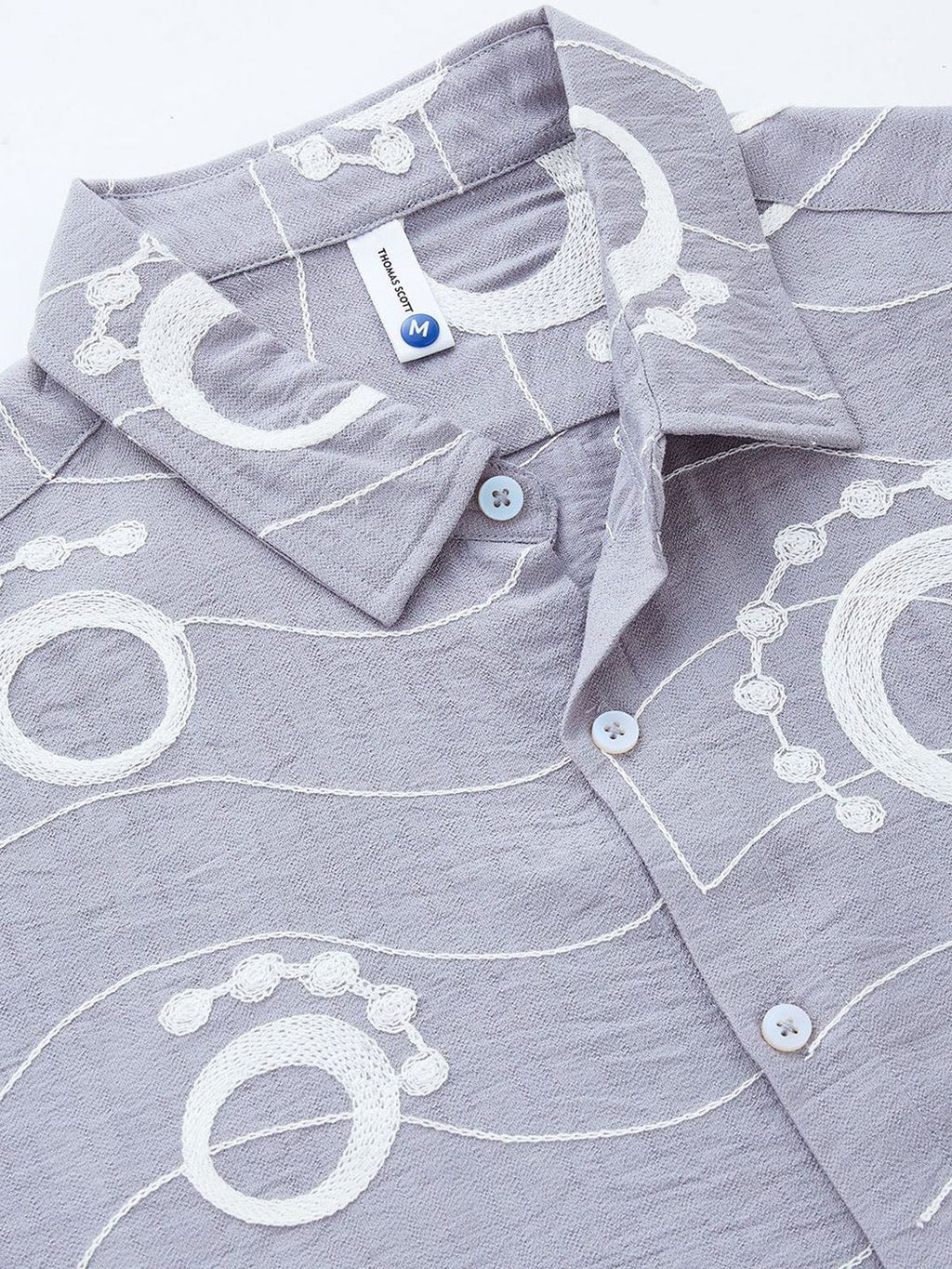 Grey Short Sleeves Spread Collar Slim Fit Embroidered Shirt For Men