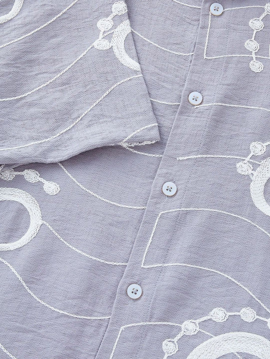 Grey Short Sleeves Spread Collar Slim Fit Embroidered Shirt For Men