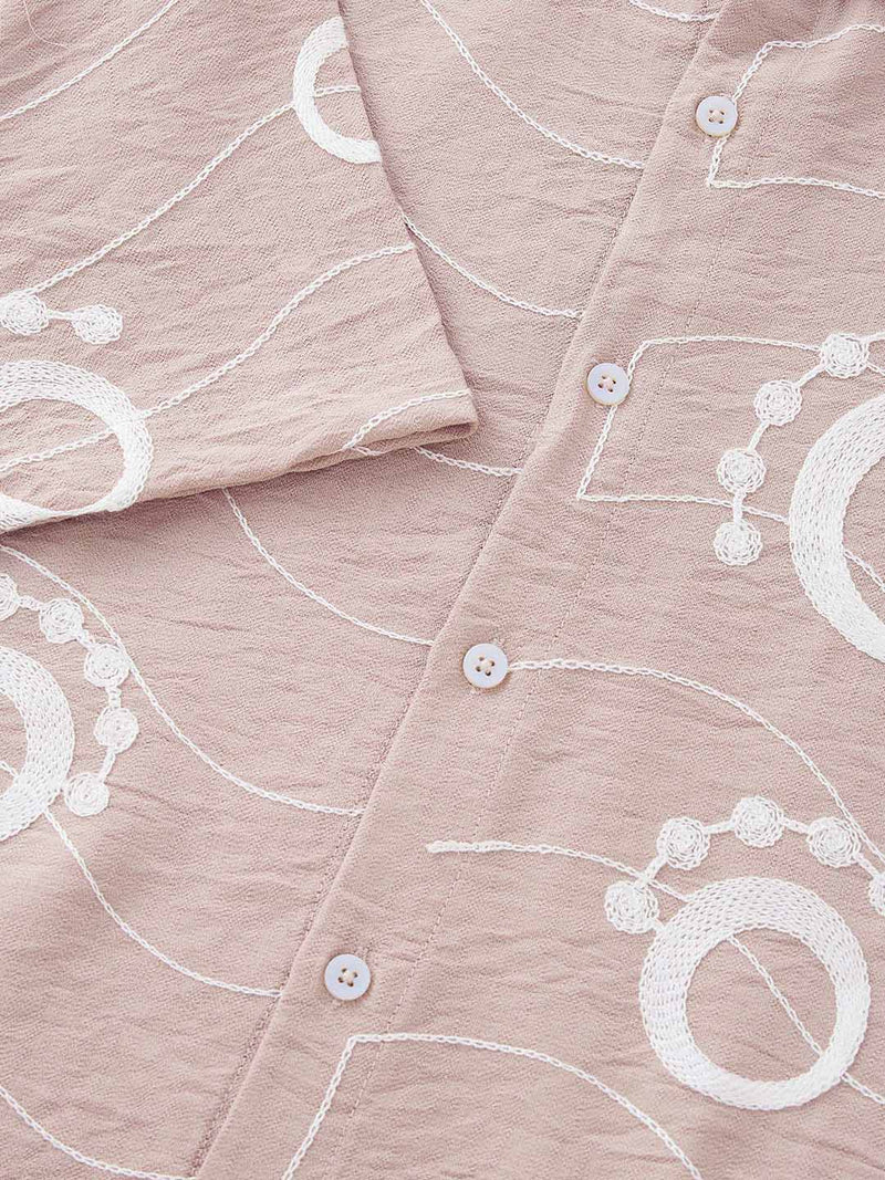 Thomas Scott Men Peach Short Sleeves Spread Collar Regular Fit Embroidered Shirt
