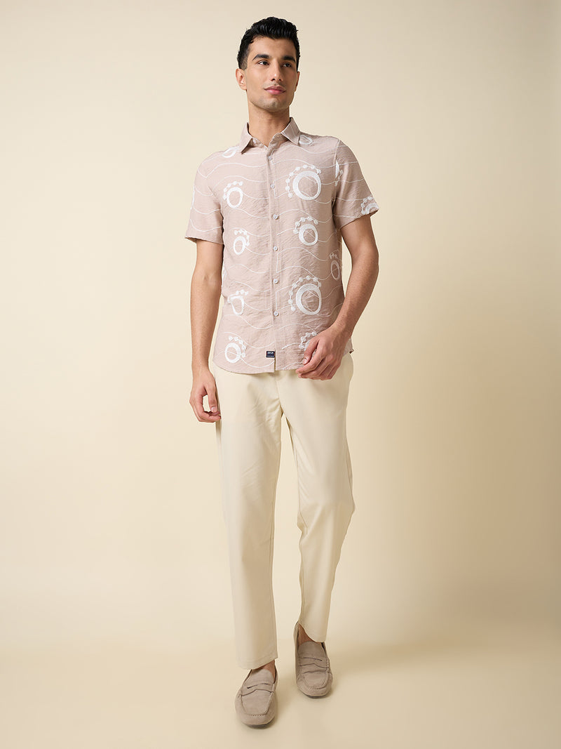 Thomas Scott Men Peach Short Sleeves Spread Collar Regular Fit Embroidered Shirt